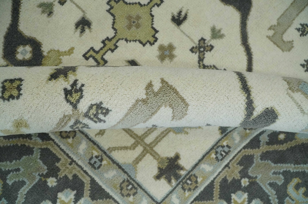 Custom made Hand Knotted Oriental Oushak Ivory, Charcoal and Olive Wool Area Rug - The Rug Decor