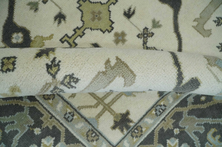 Custom made Hand Knotted Oriental Oushak Ivory, Charcoal and Olive Wool Area Rug - The Rug Decor