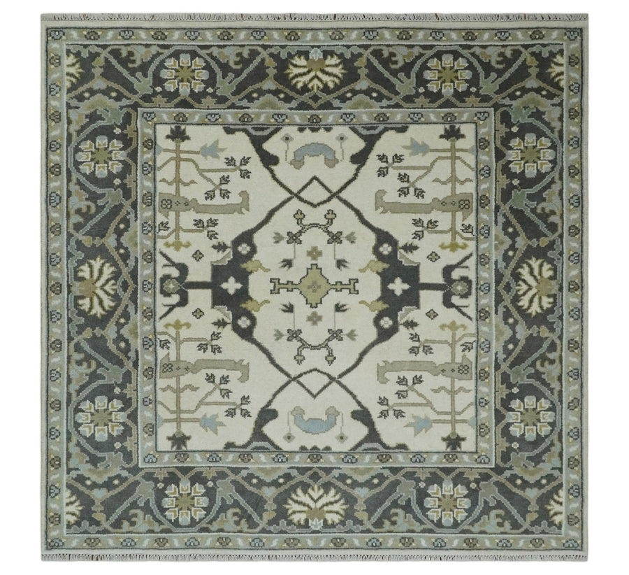 Custom made Hand Knotted Oriental Oushak Ivory, Charcoal and Olive Wool Area Rug - The Rug Decor