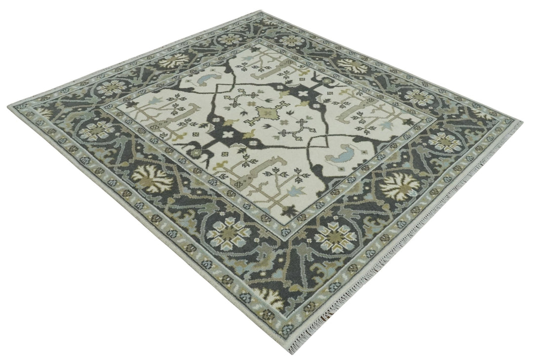Custom made Hand Knotted Oriental Oushak Ivory, Charcoal and Olive Wool Area Rug - The Rug Decor
