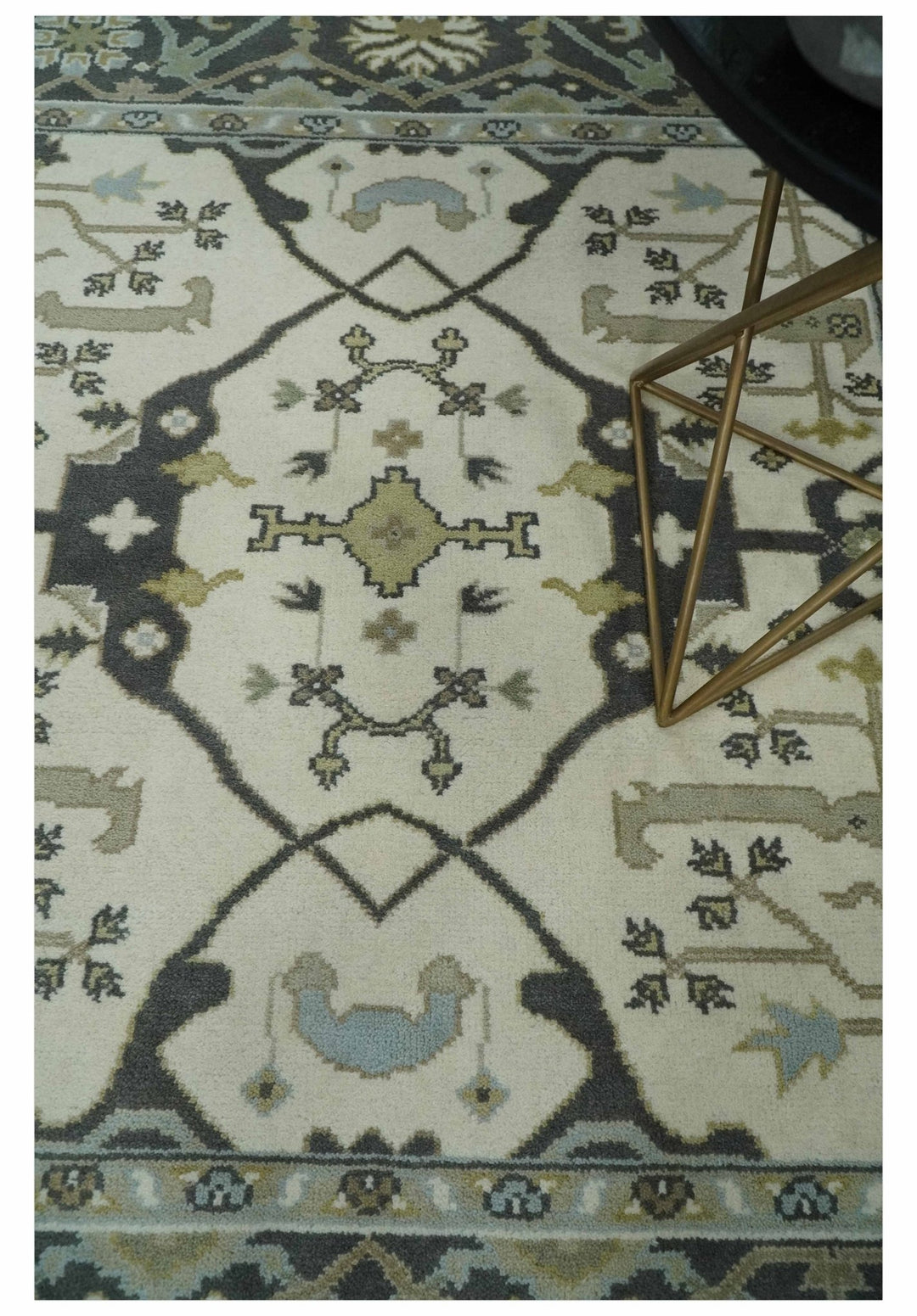Custom made Hand Knotted Oriental Oushak Ivory, Charcoal and Olive Wool Area Rug - The Rug Decor