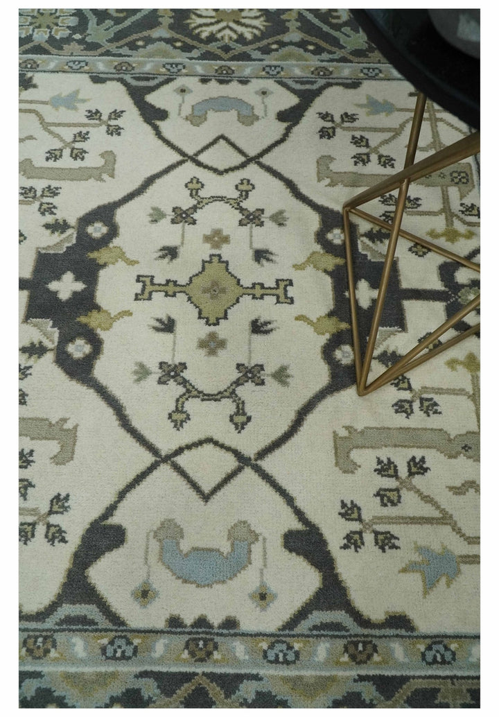 Custom made Hand Knotted Oriental Oushak Ivory, Charcoal and Olive Wool Area Rug - The Rug Decor