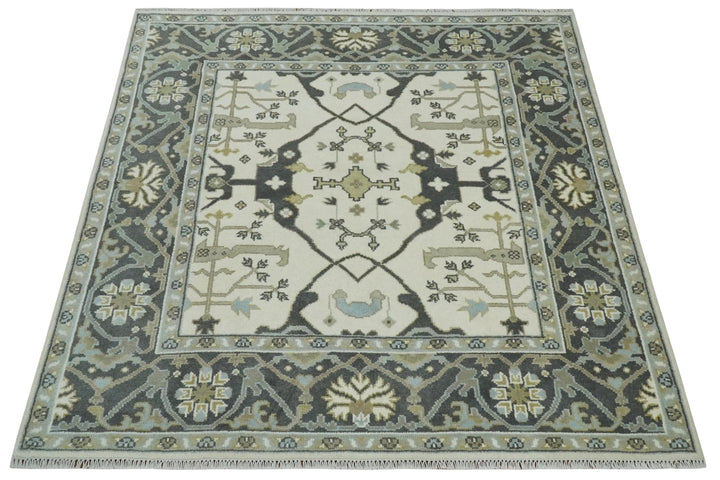Custom made Hand Knotted Oriental Oushak Ivory, Charcoal and Olive Wool Area Rug - The Rug Decor
