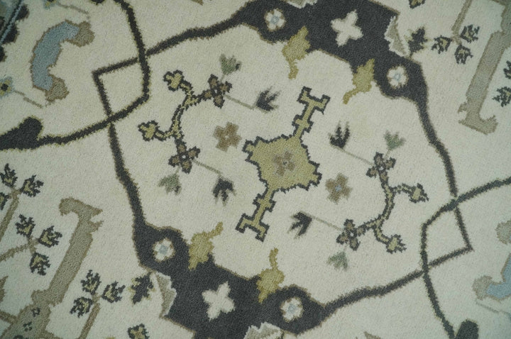 Custom made Hand Knotted Oriental Oushak Ivory, Charcoal and Olive Wool Area Rug - The Rug Decor