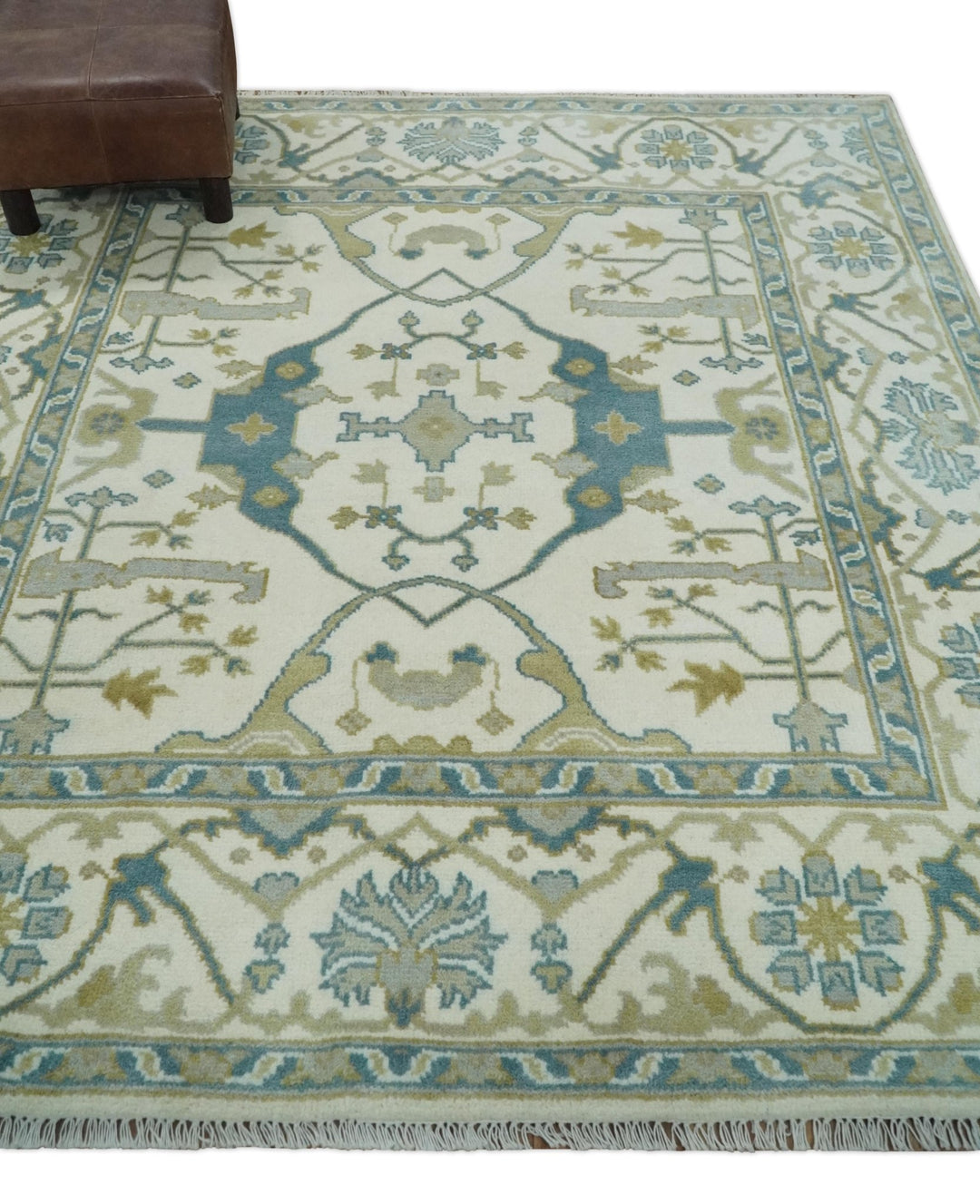Custom Made Hand Knotted Oriental Oushak Ivory, Teal and Beige Wool Area Rug - The Rug Decor