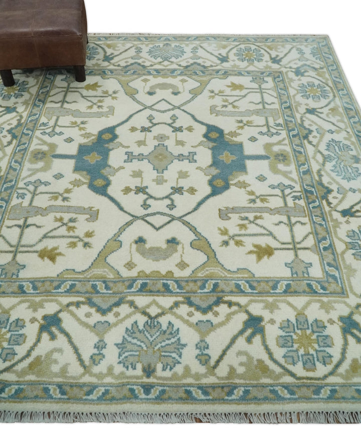 Custom Made Hand Knotted Oriental Oushak Ivory, Teal and Beige Wool Area Rug - The Rug Decor