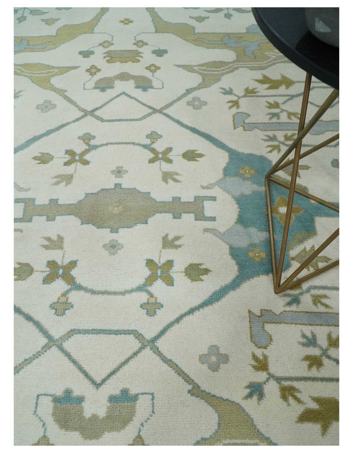 Custom Made Hand Knotted Oriental Oushak Ivory, Teal and Beige Wool Area Rug - The Rug Decor
