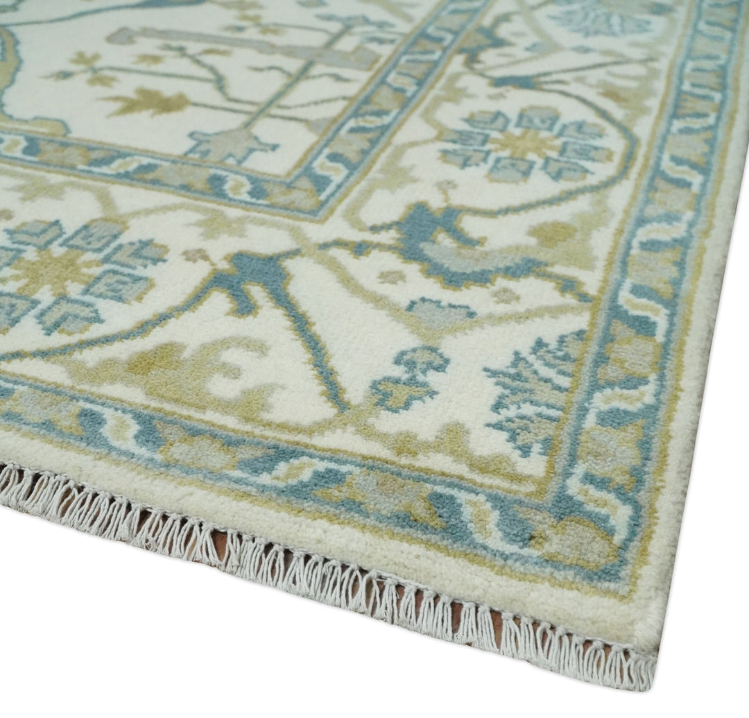 Custom Made Hand Knotted Oriental Oushak Ivory, Teal and Beige Wool Area Rug - The Rug Decor