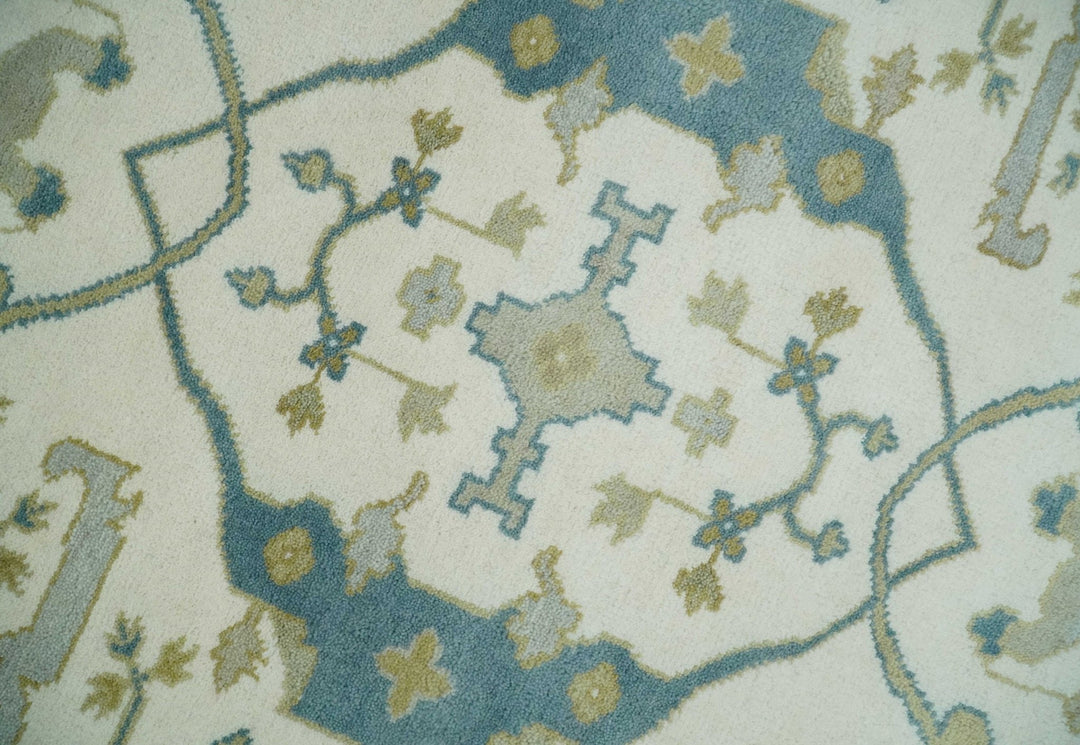 Custom Made Hand Knotted Oriental Oushak Ivory, Teal and Beige Wool Area Rug - The Rug Decor