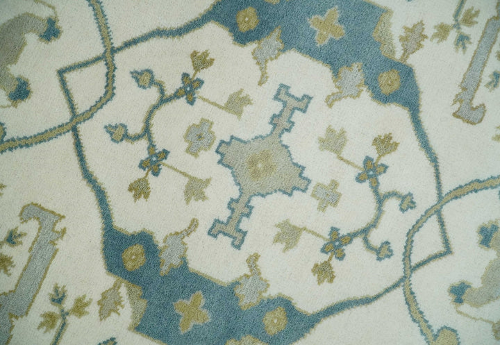 Custom Made Hand Knotted Oriental Oushak Ivory, Teal and Beige Wool Area Rug - The Rug Decor