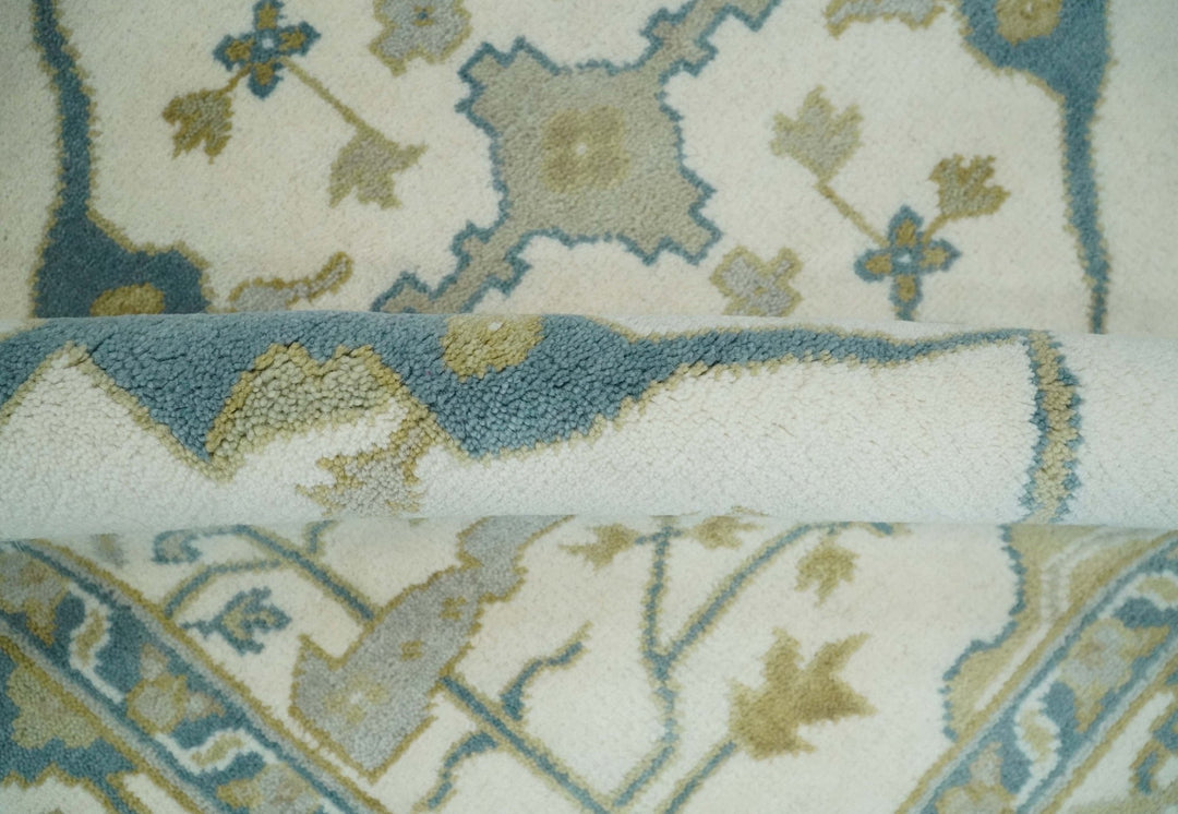 Custom Made Hand Knotted Oriental Oushak Ivory, Teal and Beige Wool Area Rug - The Rug Decor