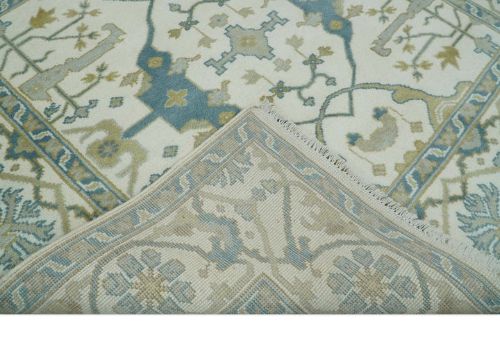 Custom Made Hand Knotted Oriental Oushak Ivory, Teal and Beige Wool Area Rug - The Rug Decor