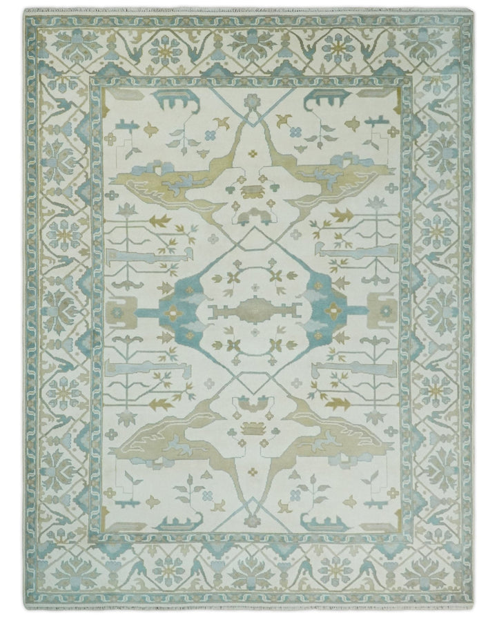Custom Made Hand Knotted Oriental Oushak Ivory, Teal and Beige Wool Area Rug - The Rug Decor