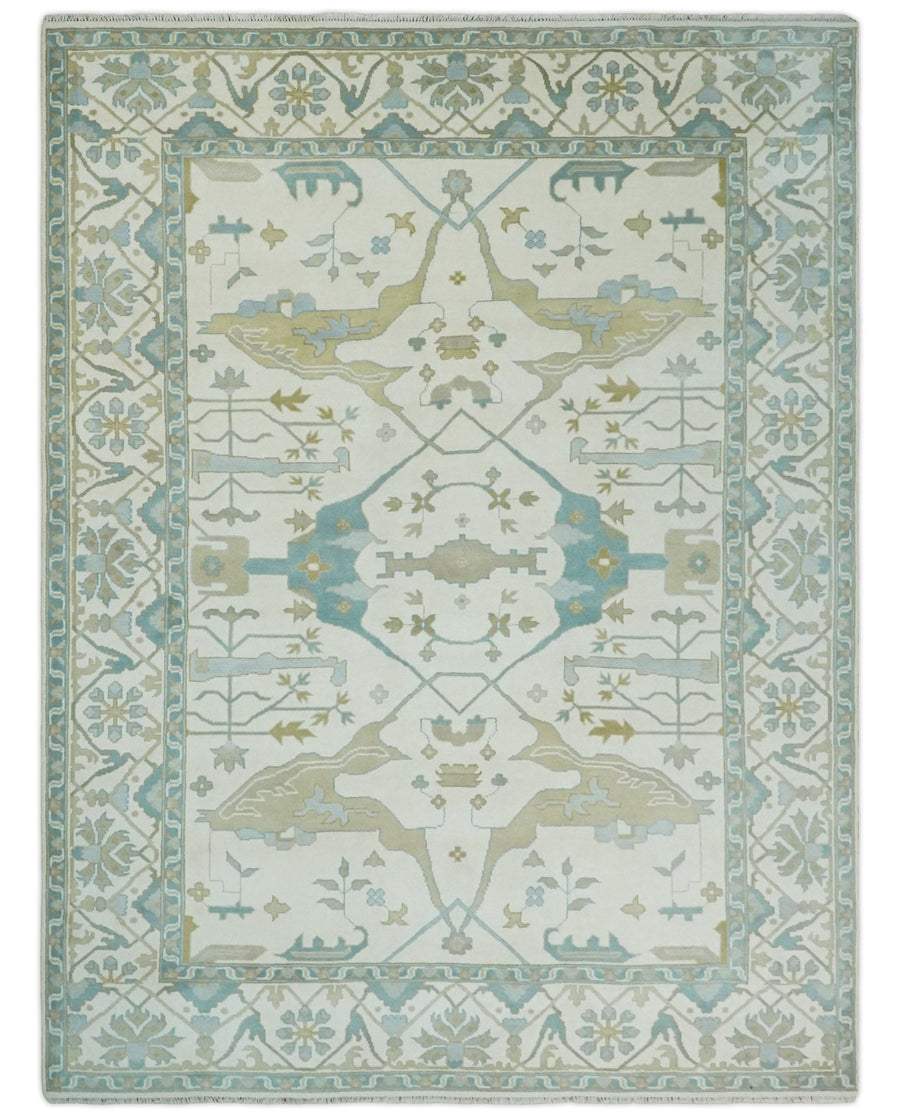 Custom Made Hand Knotted Oriental Oushak Ivory, Teal and Beige Wool Area Rug - The Rug Decor