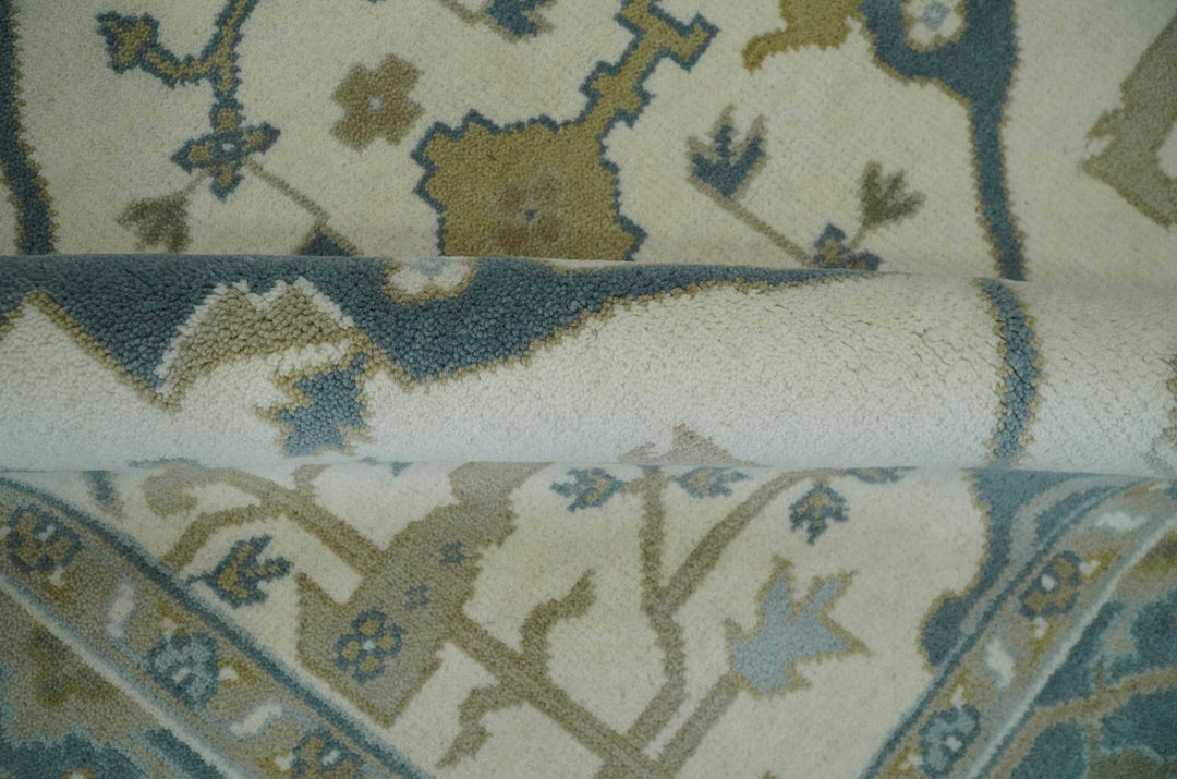 Custom Made Hand Knotted Oriental Oushak Ivory, Teal and Beige Wool Area Rug - The Rug Decor