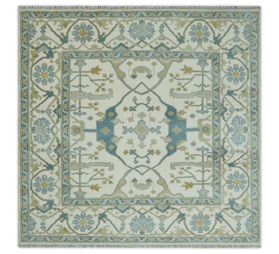 Custom Made Hand Knotted Oriental Oushak Ivory, Teal and Beige Wool Area Rug - The Rug Decor