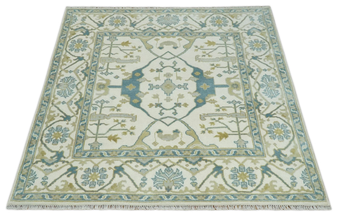 Custom Made Hand Knotted Oriental Oushak Ivory, Teal and Beige Wool Area Rug - The Rug Decor