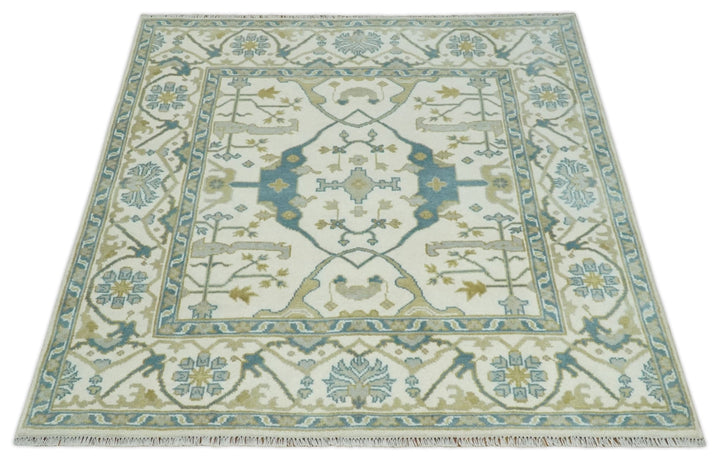Custom Made Hand Knotted Oriental Oushak Ivory, Teal and Beige Wool Area Rug - The Rug Decor