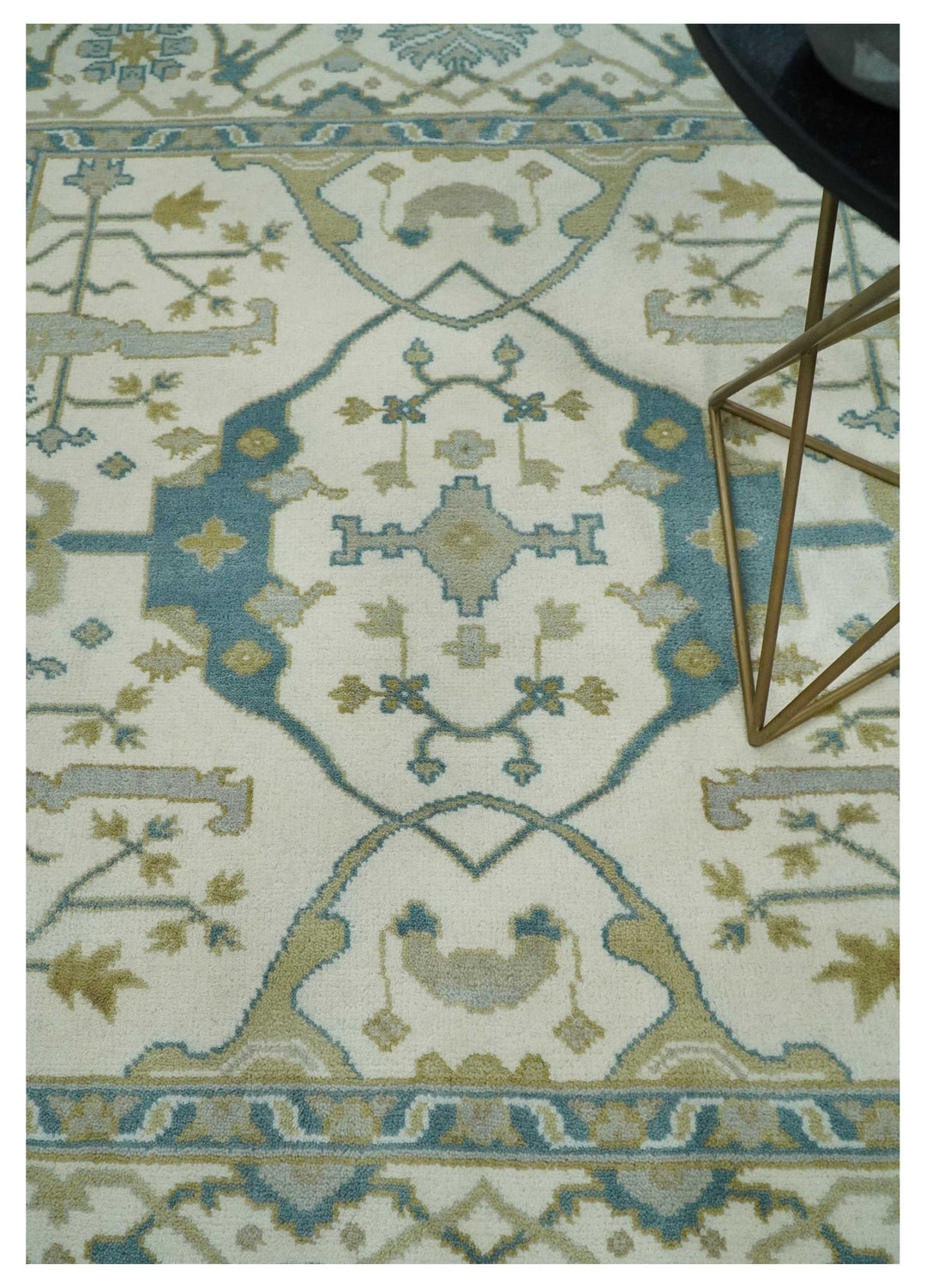 Custom Made Hand Knotted Oriental Oushak Ivory, Teal and Beige Wool Area Rug - The Rug Decor