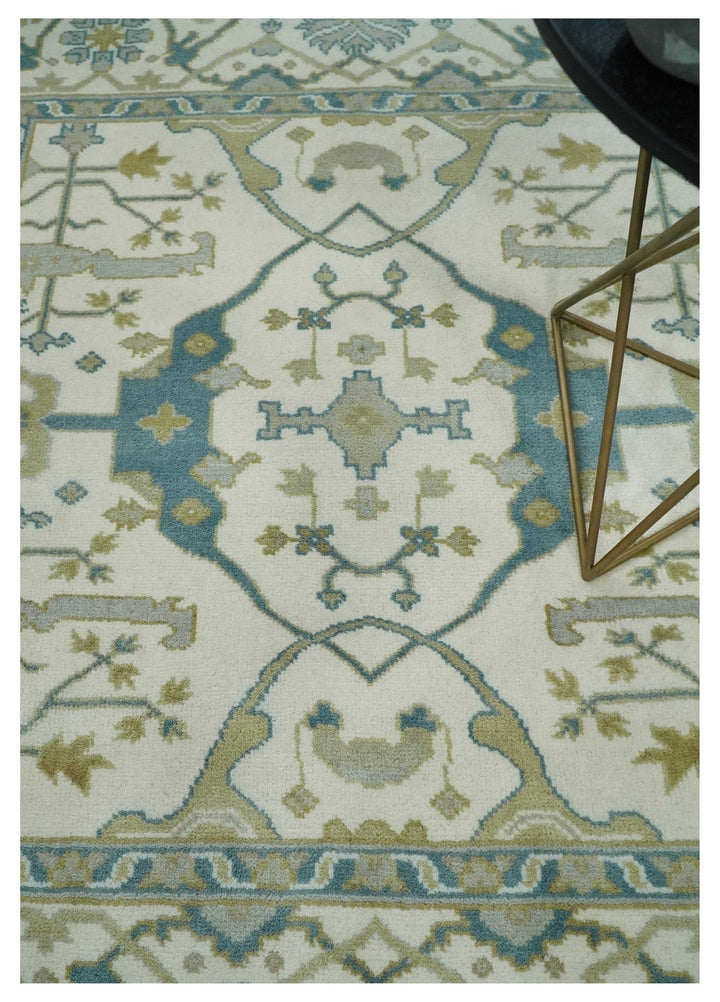 Custom Made Hand Knotted Oriental Oushak Ivory, Teal and Beige Wool Area Rug - The Rug Decor