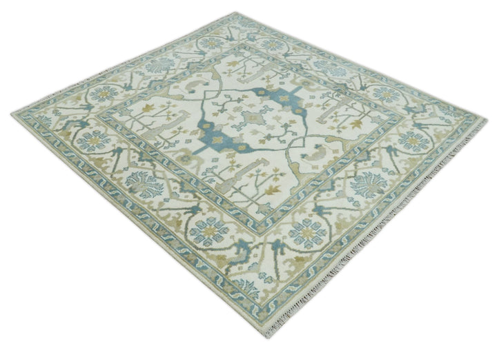 Custom Made Hand Knotted Oriental Oushak Ivory, Teal and Beige Wool Area Rug - The Rug Decor