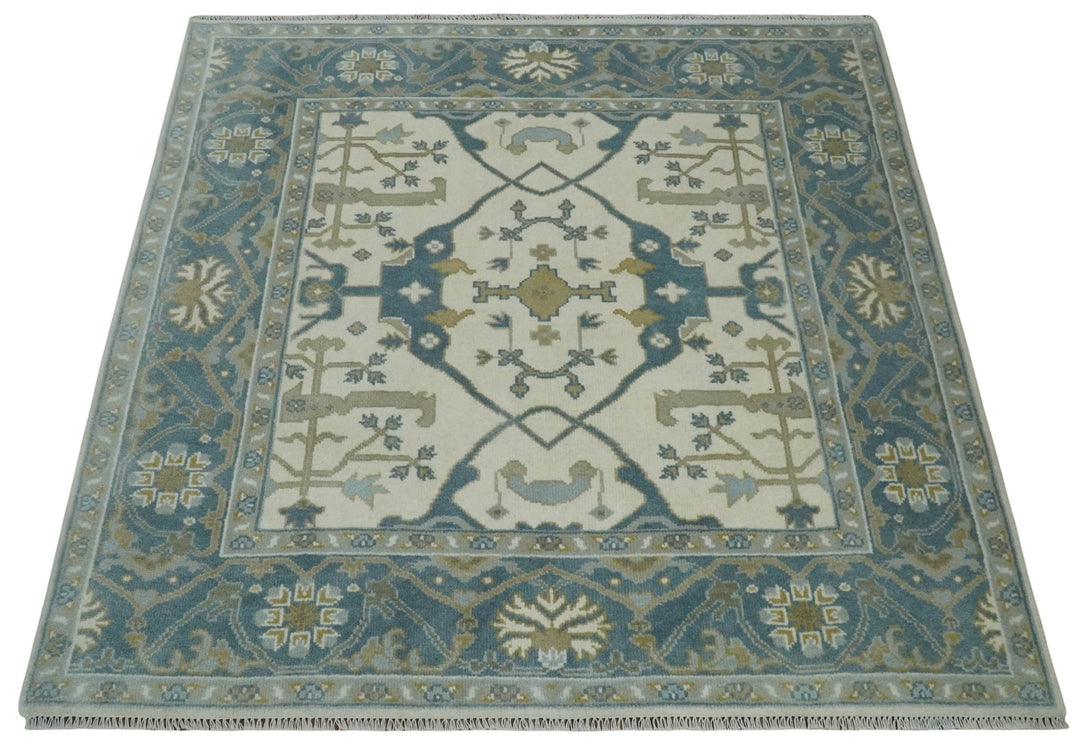 Custom Made Hand Knotted Oriental Oushak Ivory, Teal and Beige Wool Area Rug - The Rug Decor