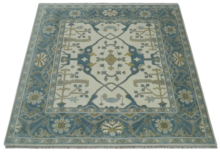 Custom Made Hand Knotted Oriental Oushak Ivory, Teal and Beige Wool Area Rug - The Rug Decor