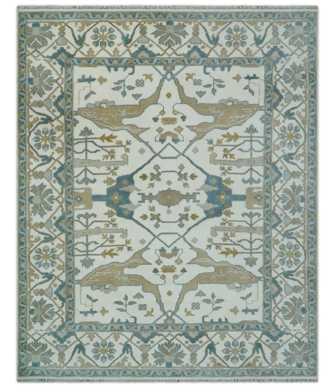 Custom Made Hand Knotted Oriental Oushak Ivory, Teal and Beige Wool Area Rug - The Rug Decor