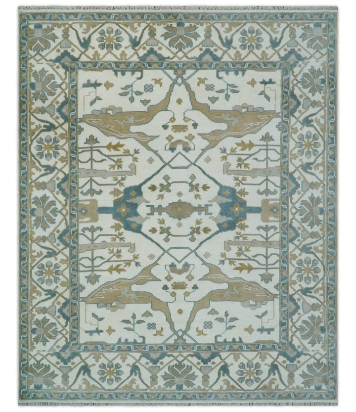 Custom Made Hand Knotted Oriental Oushak Ivory, Teal and Beige Wool Area Rug - The Rug Decor