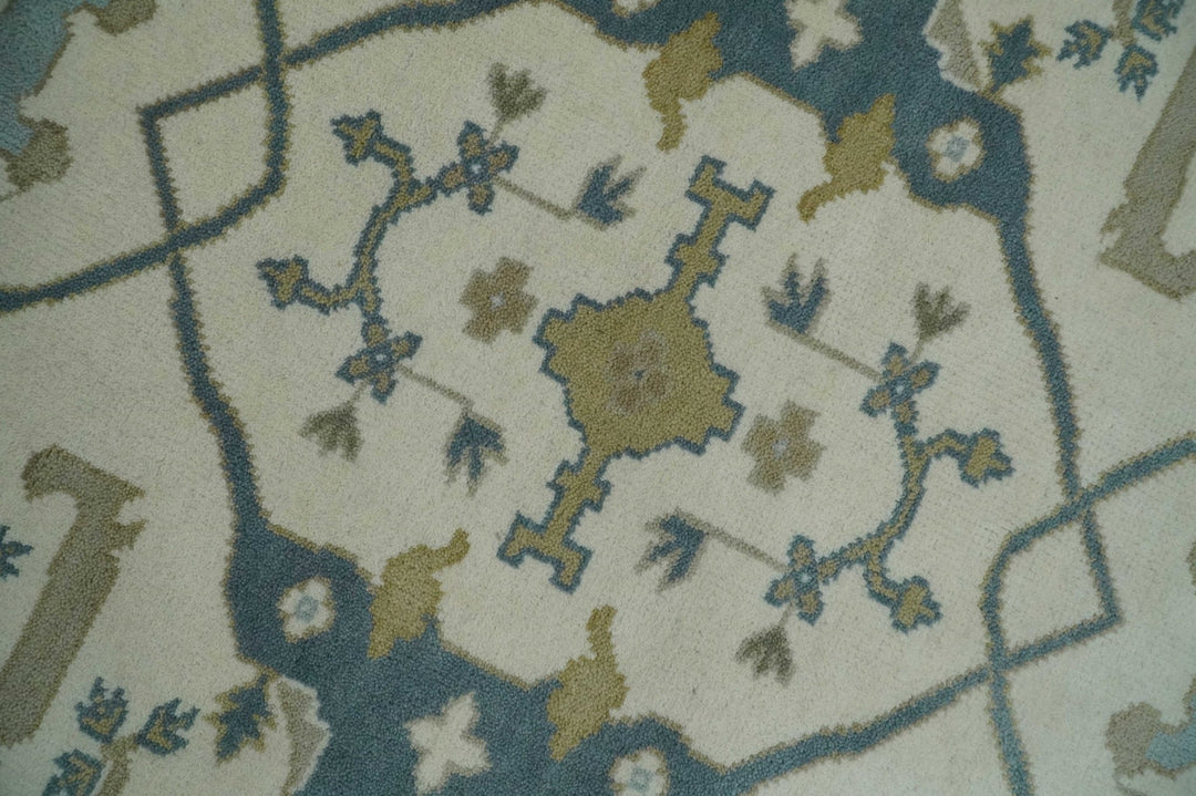 Custom Made Hand Knotted Oriental Oushak Ivory, Teal and Beige Wool Area Rug - The Rug Decor