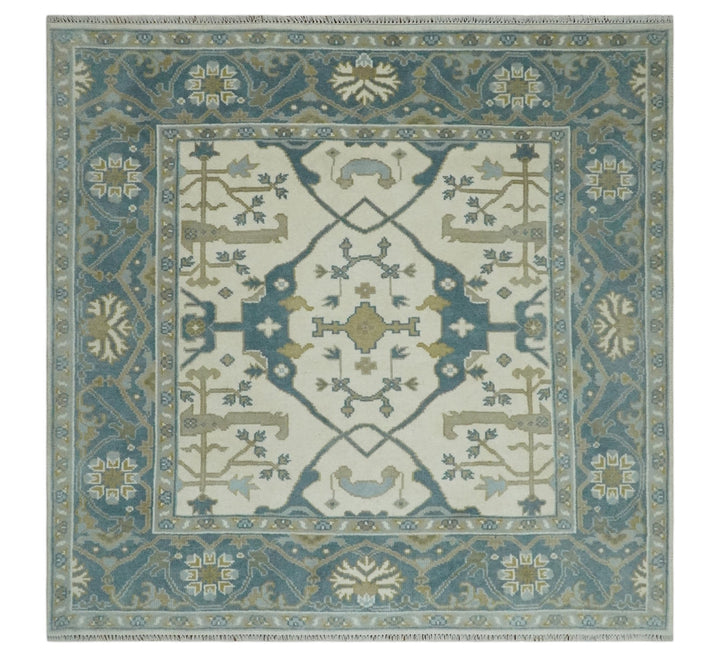 Custom Made Hand Knotted Oriental Oushak Ivory, Teal and Beige Wool Area Rug - The Rug Decor
