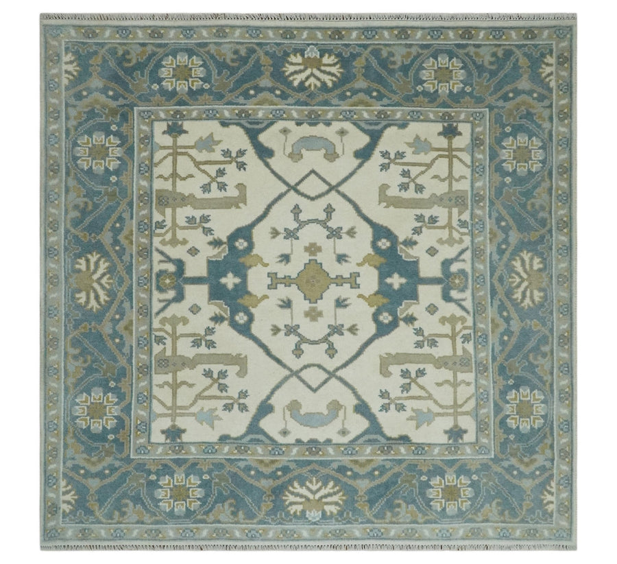 Custom Made Hand Knotted Oriental Oushak Ivory, Teal and Beige Wool Area Rug - The Rug Decor