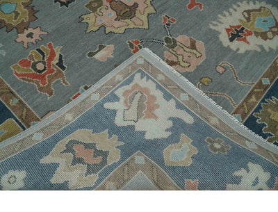 Custom Made Hand Knotted Silver and Blue Colorful Traditional Oushak Wool Area Rug - The Rug Decor