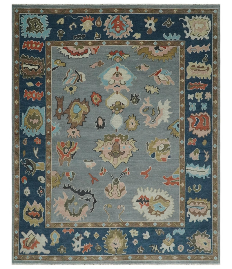 Custom Made Hand Knotted Silver and Blue Colorful Traditional Oushak Wool Area Rug - The Rug Decor