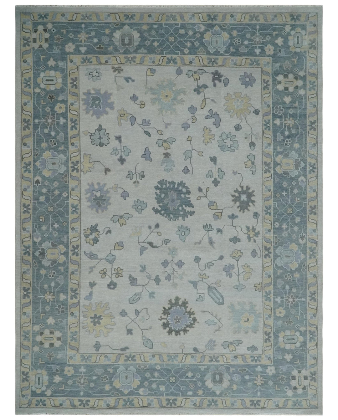 Custom Made Hand Knotted Silver, Blue and Beige Traditional Oushak Wool Area Rug - The Rug Decor