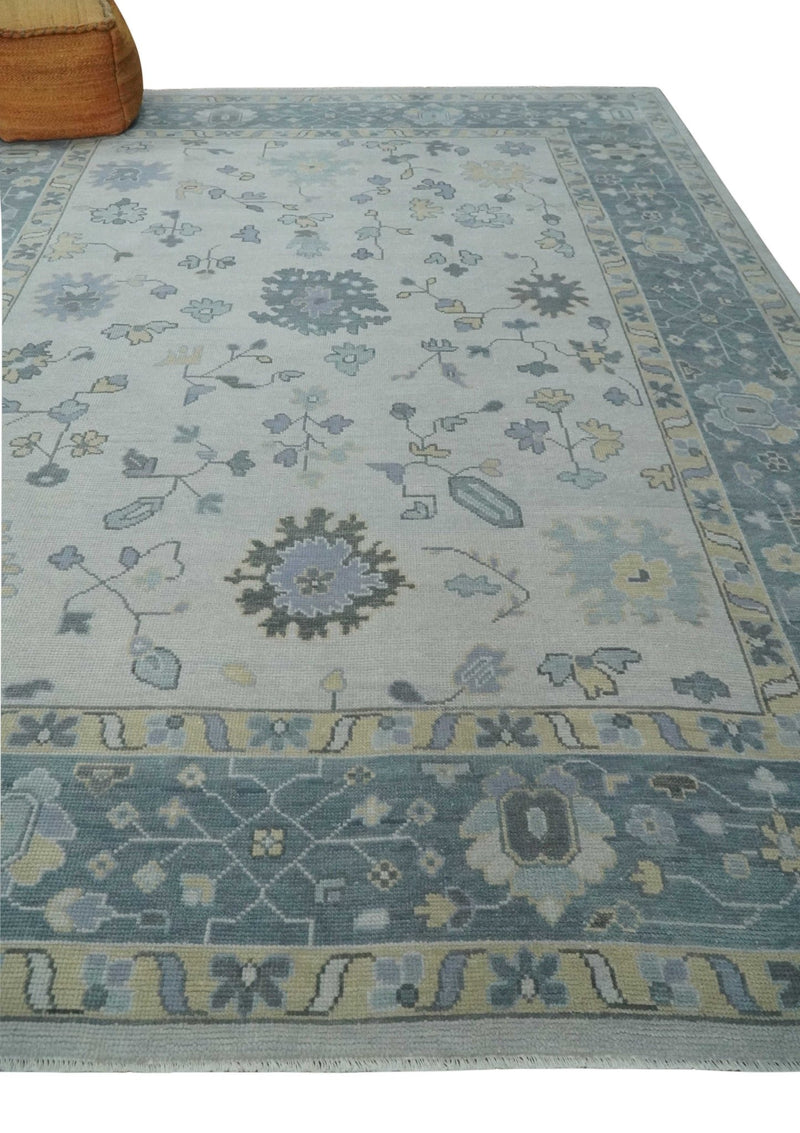 Custom Made Hand Knotted Silver, Blue and Beige Traditional Oushak Wool Area Rug - The Rug Decor