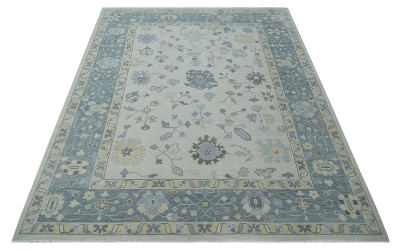 Custom Made Hand Knotted Silver, Blue and Beige Traditional Oushak Wool Area Rug - The Rug Decor