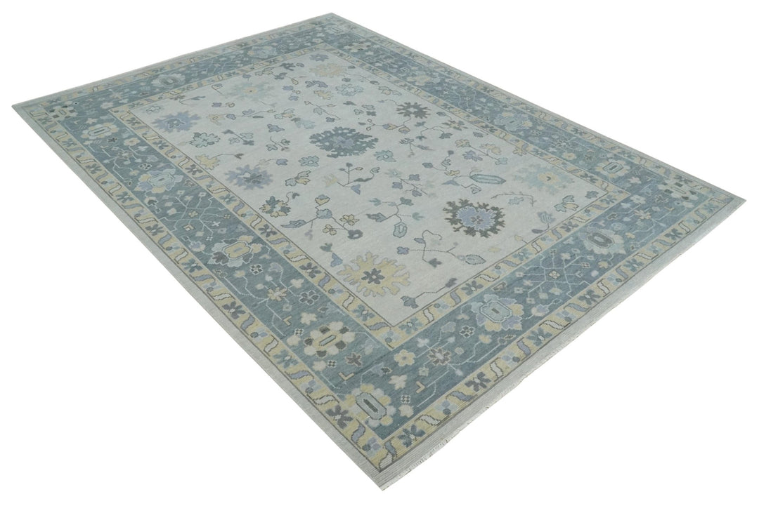 Custom Made Hand Knotted Silver, Blue and Beige Traditional Oushak Wool Area Rug - The Rug Decor