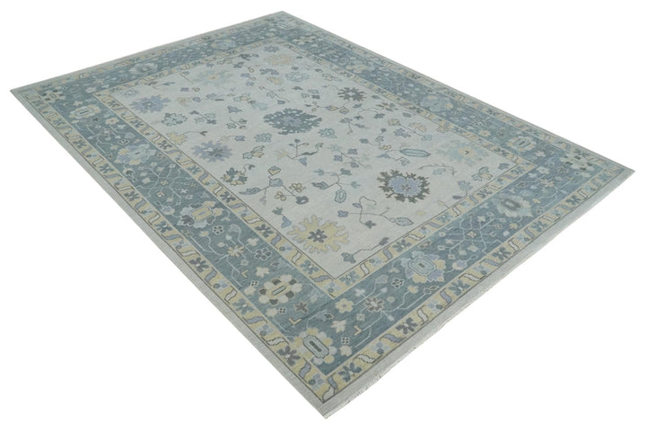 Custom Made Hand Knotted Silver, Blue and Beige Traditional Oushak Wool Area Rug - The Rug Decor