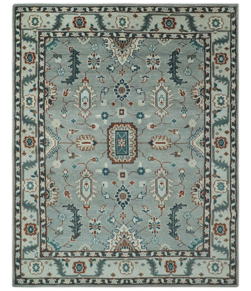 Custom Made Hand Knotted Silver, Teal, Ivory and Brown Traditional Oriental Oushak wool area Rug - The Rug Decor