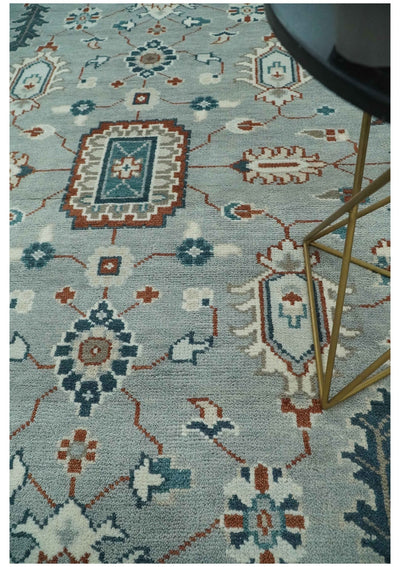 Custom Made Hand Knotted Silver, Teal, Ivory and Brown Traditional Oriental Oushak wool area Rug - The Rug Decor