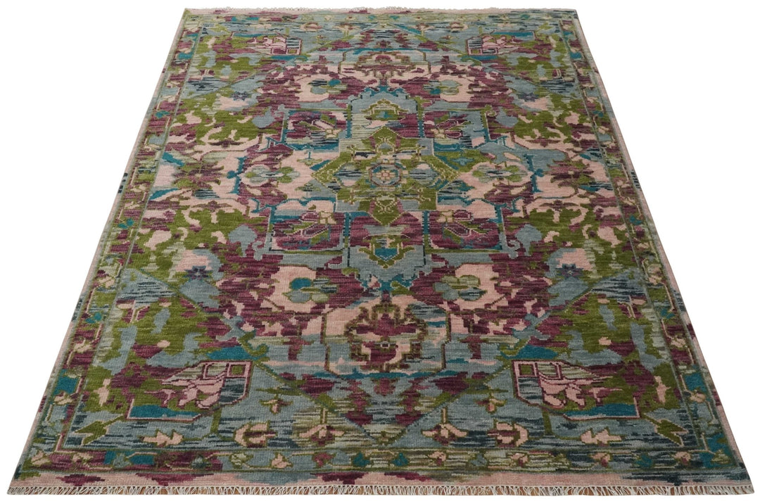 Custom Made Hand Knotted Transitional Green, Pink and Purple wool Area Rug - The Rug Decor