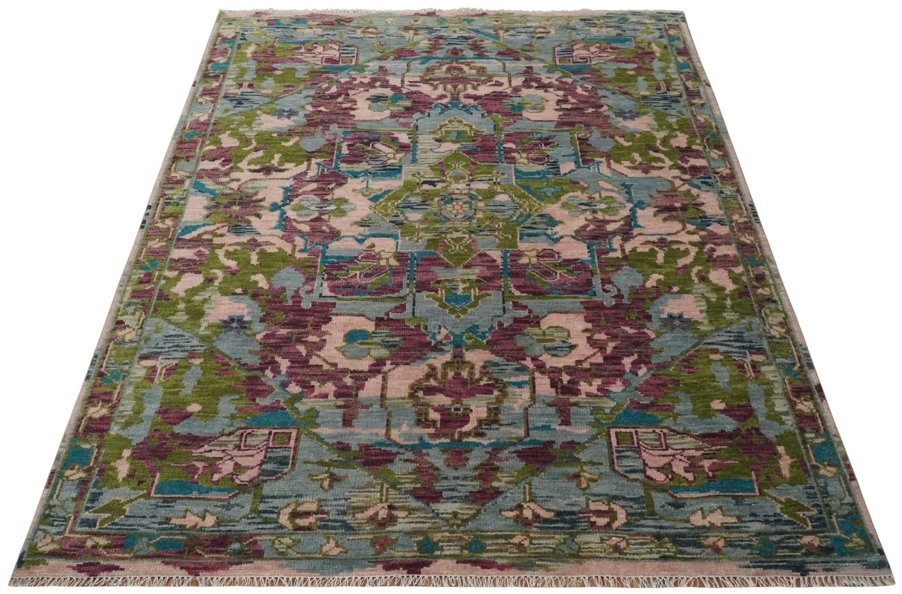 Custom Made Hand Knotted Transitional Green, Pink and Purple wool Area ...