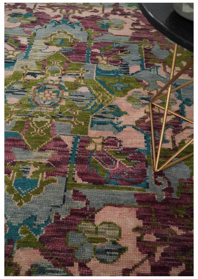 Custom Made Hand Knotted Transitional Green, Pink and Purple wool Area Rug - The Rug Decor