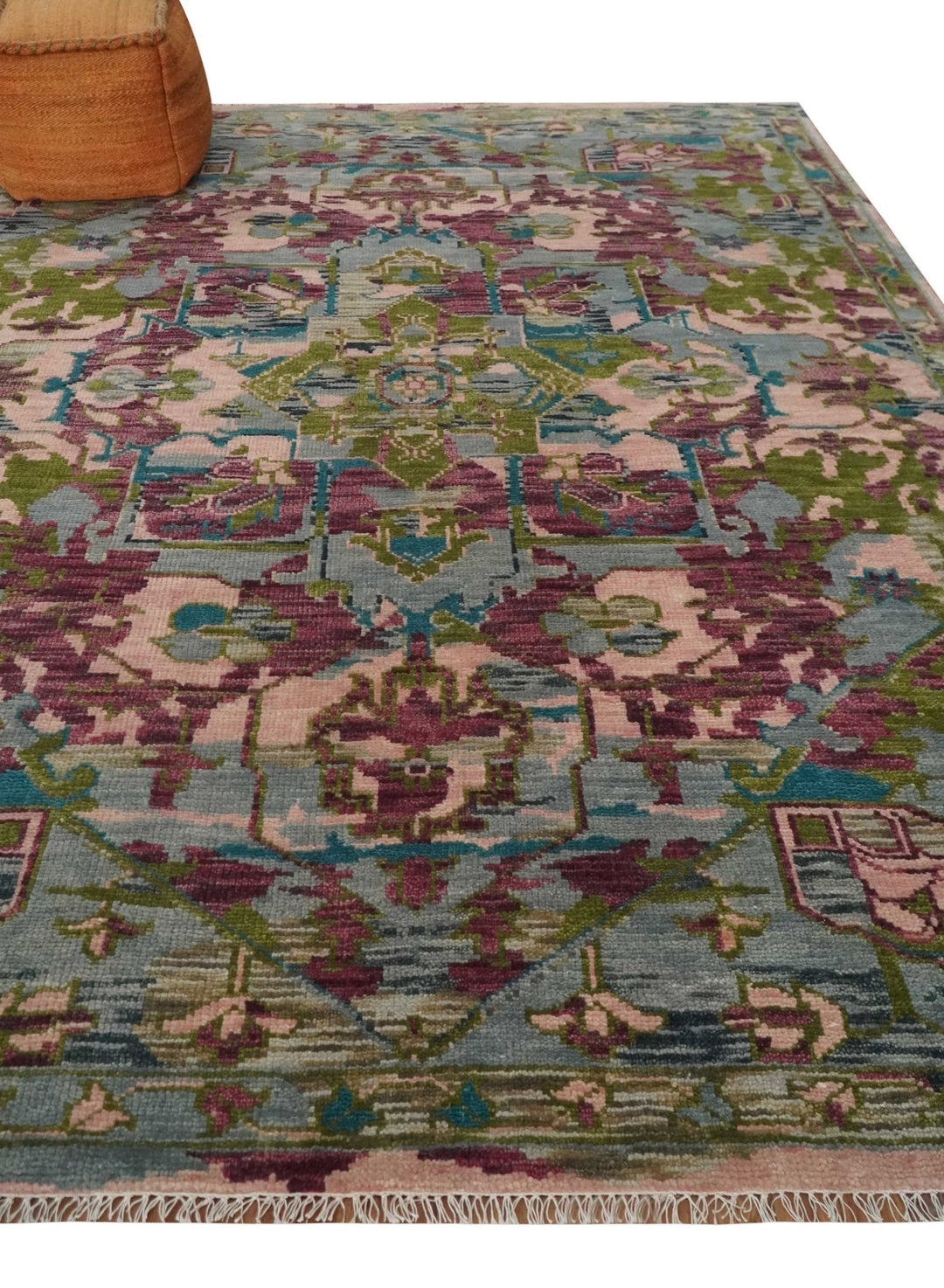 Custom Made Hand Knotted Transitional Green, Pink and Purple wool Area Rug - The Rug Decor