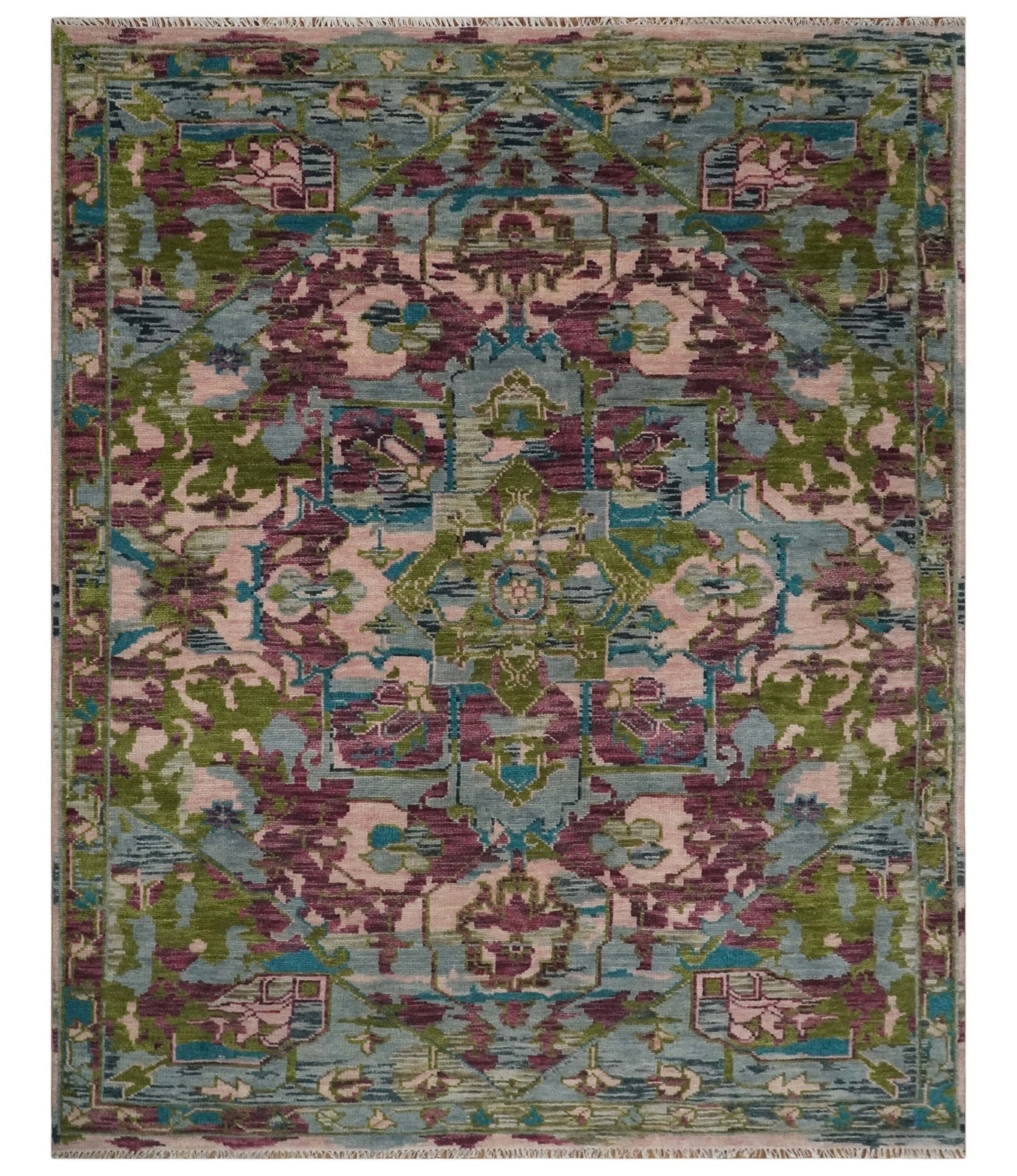 Custom Made Hand Knotted Transitional Green, Pink and Purple wool Area ...