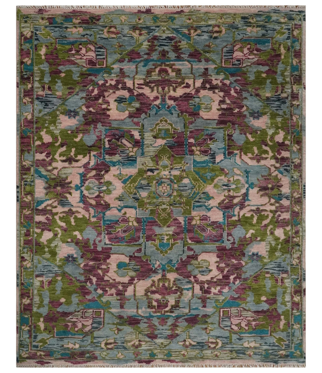 Custom Made Hand Knotted Transitional Green, Pink and Purple wool Area Rug - The Rug Decor