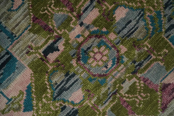 Custom Made Hand Knotted Transitional Green, Pink and Purple wool Area Rug - The Rug Decor