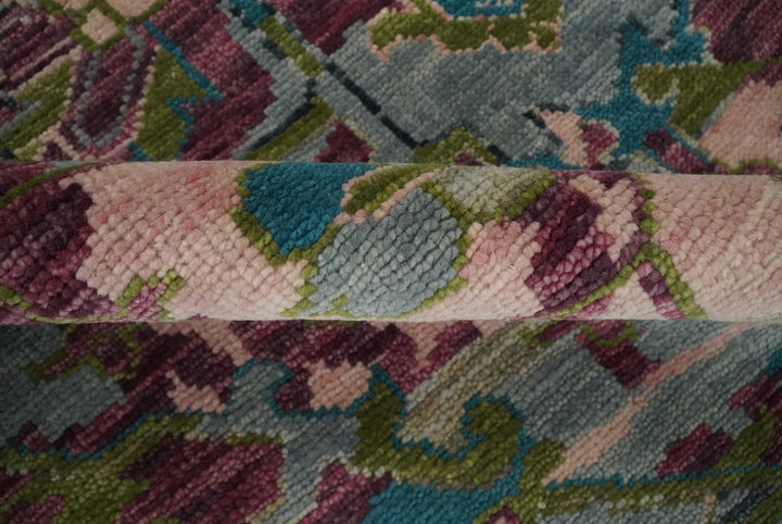 Custom Made Hand Knotted Transitional Green, Pink and Purple wool Area Rug - The Rug Decor