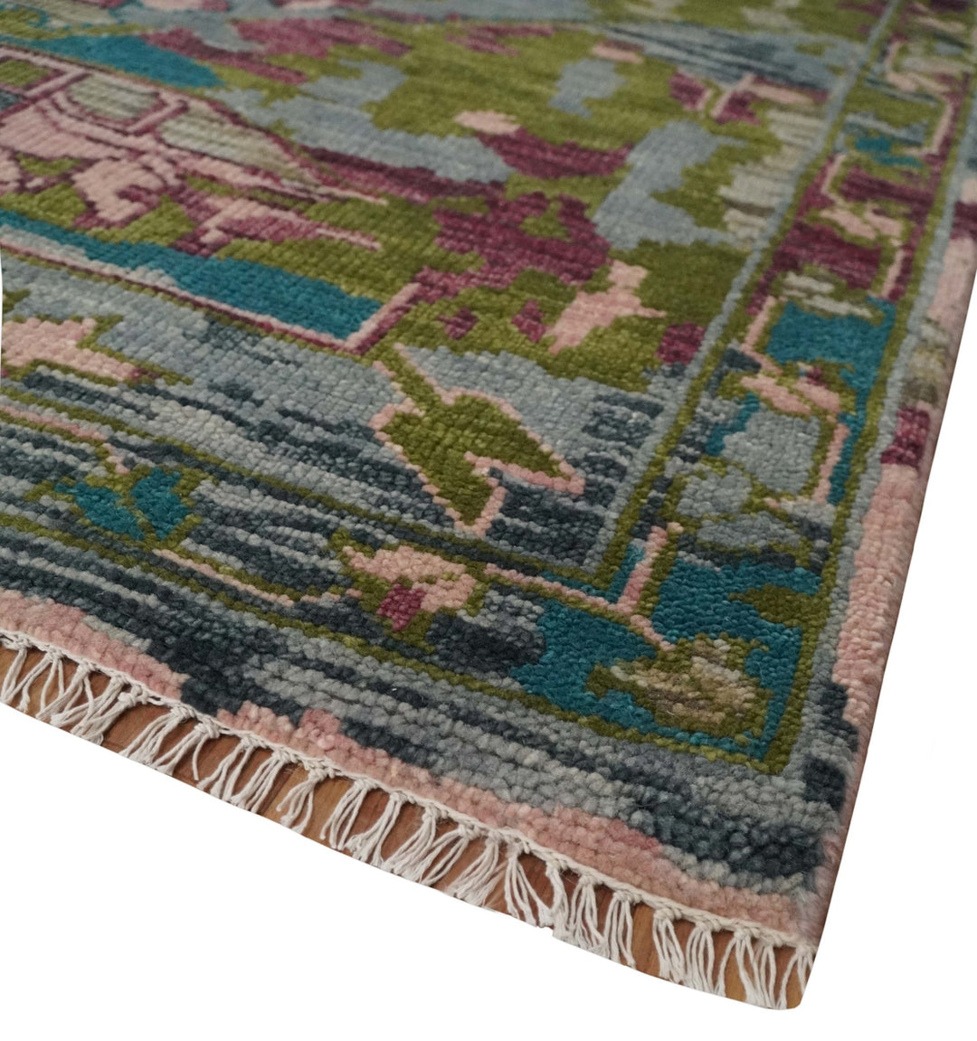 Custom Made Hand Knotted Transitional Green, Pink and Purple wool Area Rug - The Rug Decor